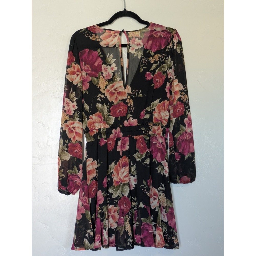 Mi Ami Dress Juniors Medium Boho Black Floral Mini Sheer Chiffon Tiered Garden - Picture 2 of 8